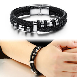 Men Braided Black Leather Bracelet