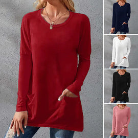 Ladies Casual Solid Color Loose T-Shirt Round Neck Long Sleeve Blouse with Pockets