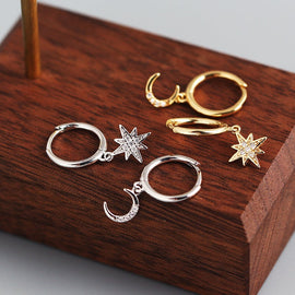 Star and Moon Huggies 925 Sterling Silver Asymmetric Earrings