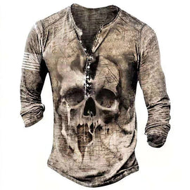 Men's Skull Retro Print Casual Top Plus Size Long Sleeve Tee Shirt
