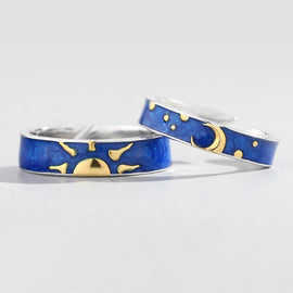 Sun and Moon Promise Couple Rings Sterling Silver Adjustable Rings